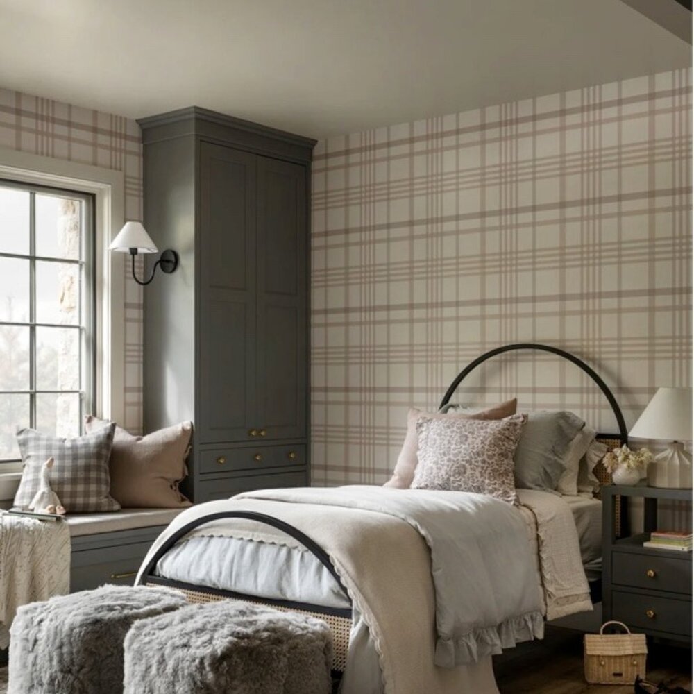 One Unopened Roll of McGee and Co Rigby Plaid Wallpaper in Taupe